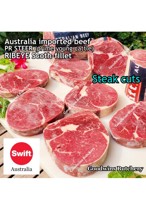 Beef Ribeye AUSTRALIA PR STEER (prime young cattle) AGED by producer brand SWIFT FROZEN steak cuts 3/4 & 1 inch price/kg 3-4pcs (Scotch-Fillet / Cube-Roll)